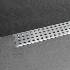 Canaleta y rejilla inoxidable BASIC AQUARES salida horizontal central con sifón para platos de ducha de obra 2
