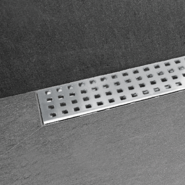 Canaleta y rejilla inoxidable BASIC AQUARES salida horizontal central con sifón para platos de ducha de obra